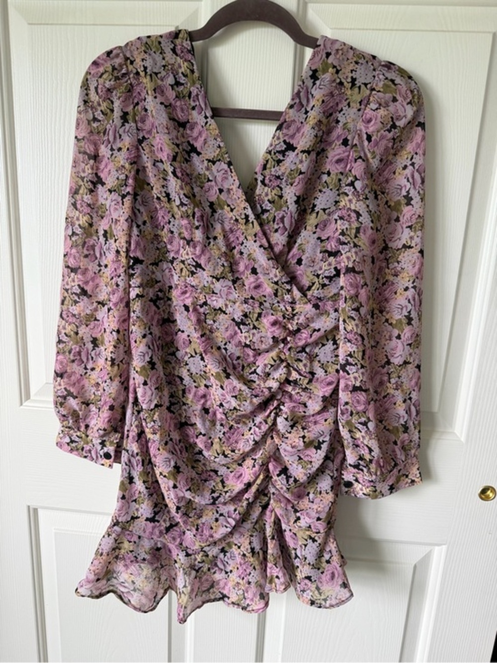 Lilac Floral Ruched Wrap Mini Dress - Women's
